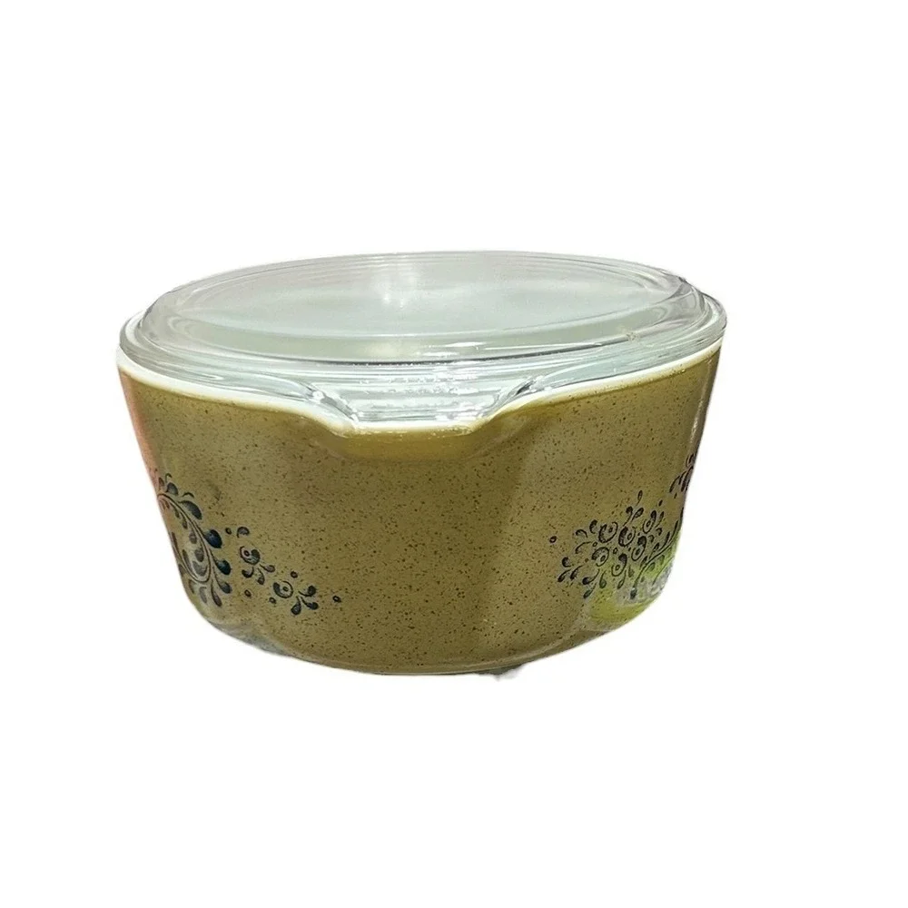 Vintage Pyrex Homestead 1.5 Qt Round Casserole Dish with Lid 474-B Tan Blue